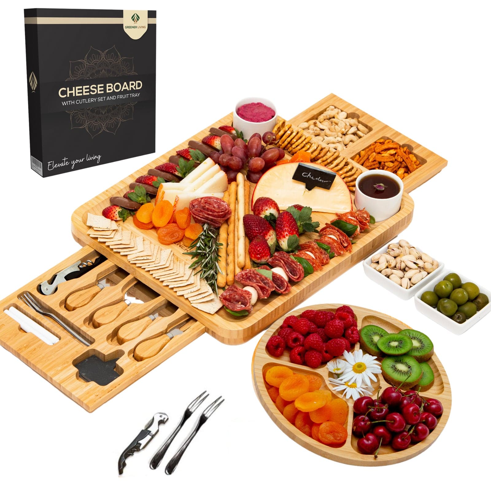Overhead cheese board with fruit tray, open cutlery drawer and gift box
