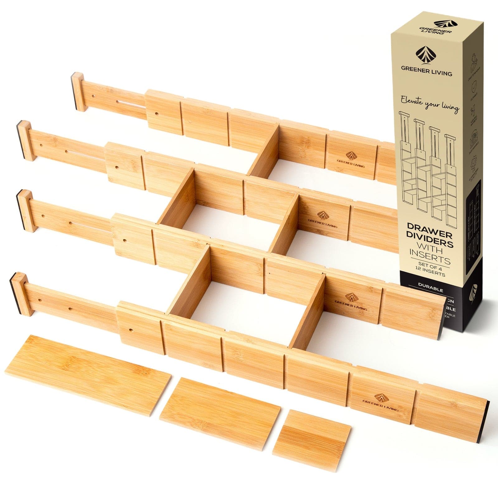 Five bamboo drawer divider strips fanned out beside their gift box on white