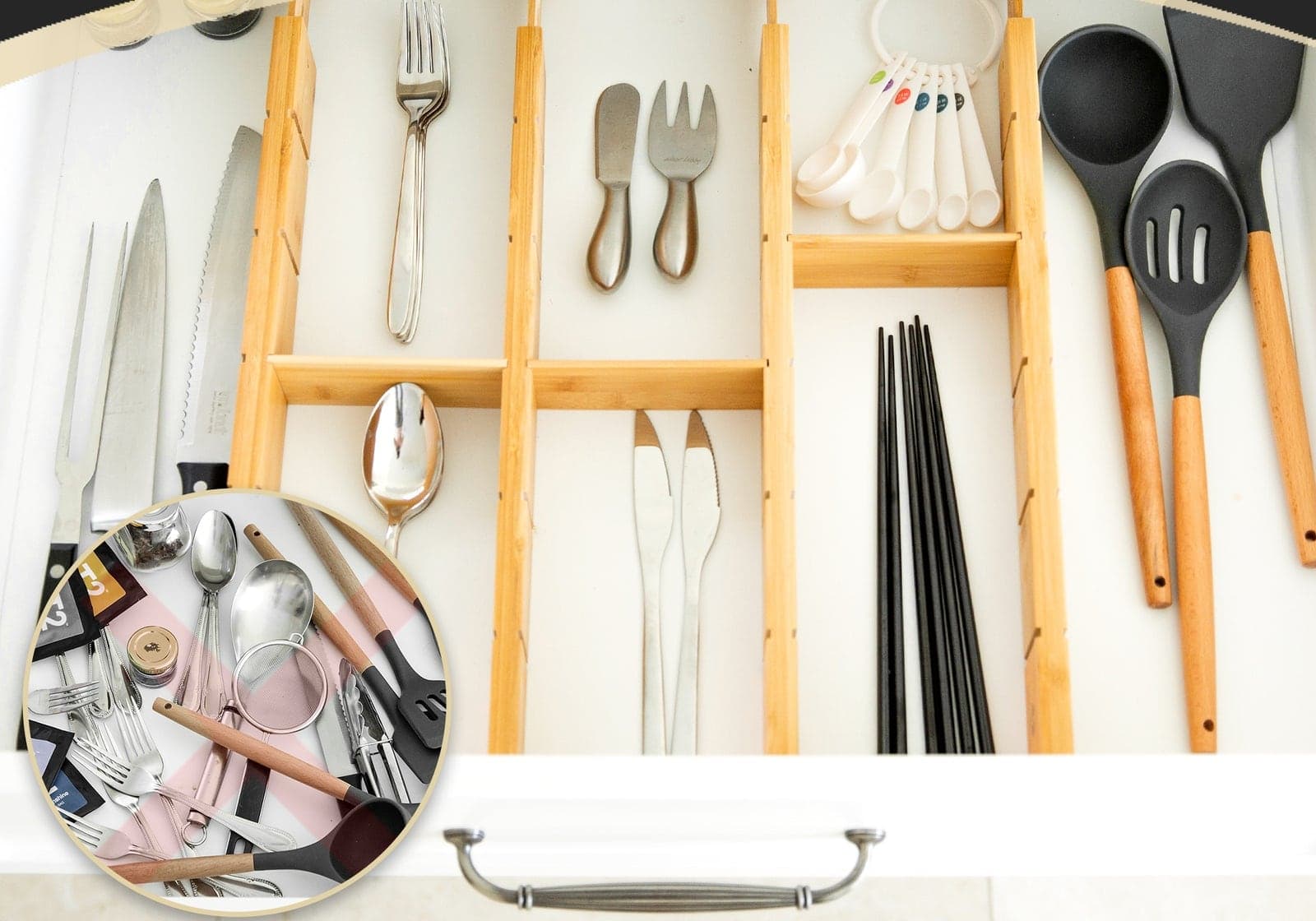 The same style of drawer fitted with bamboo dividers, each utensil type in its own compartment