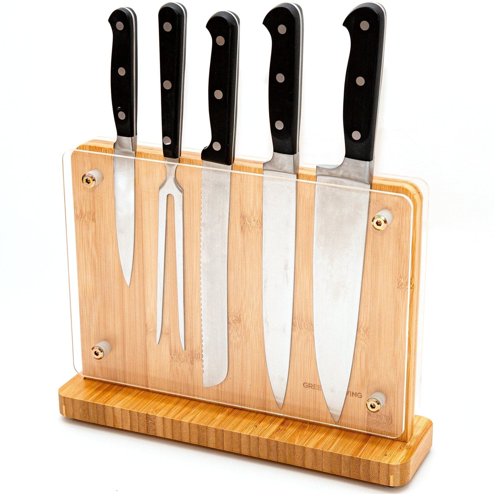 Five knives mounted on the double-sided magnetic holder with its clear acrylic shield