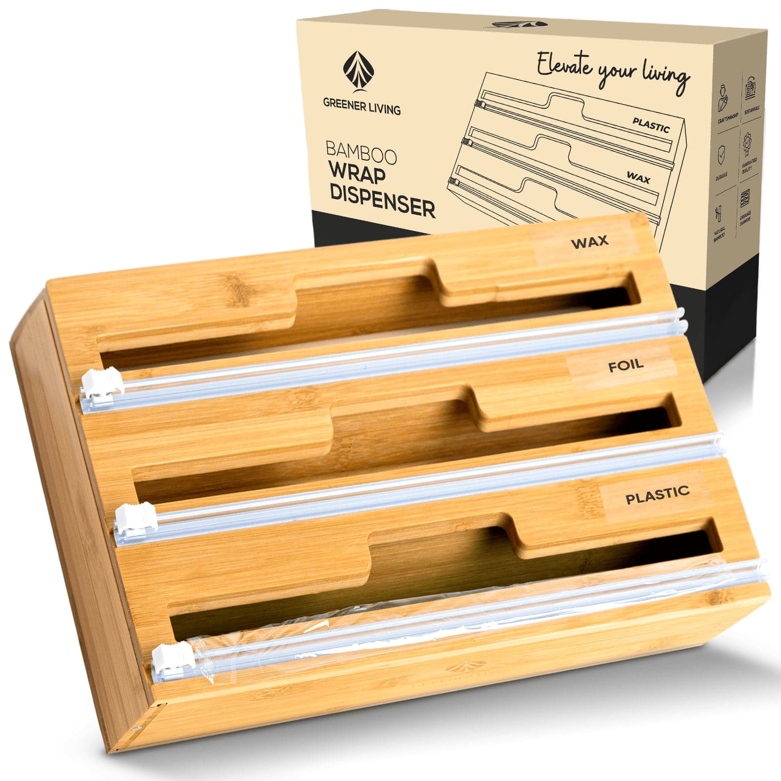 Wrap dispenser loaded with foil, wax paper and plastic wrap beside its gift box