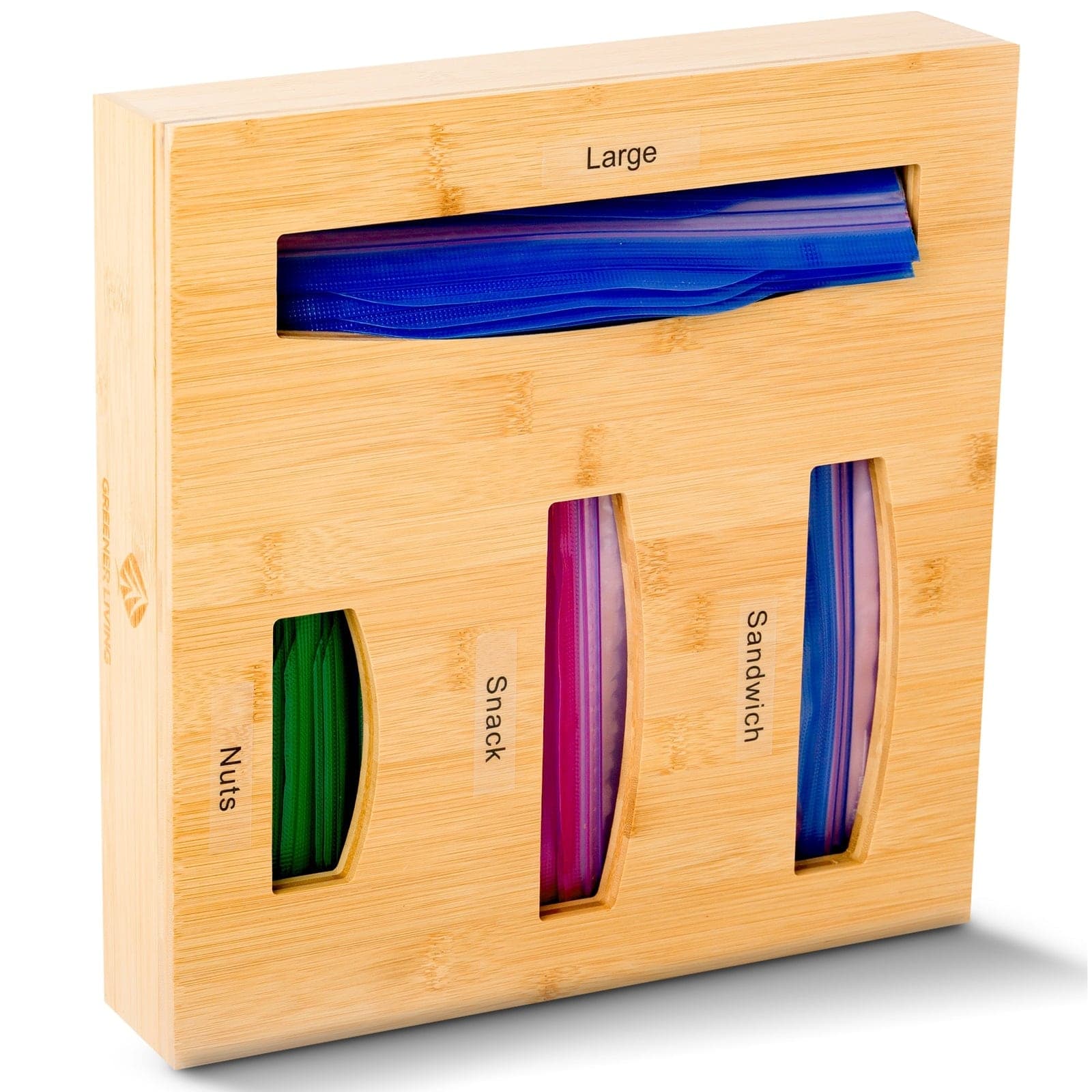 Ziplock bag organiser with Large, Nuts, Snack and Sandwich slots filled with bags