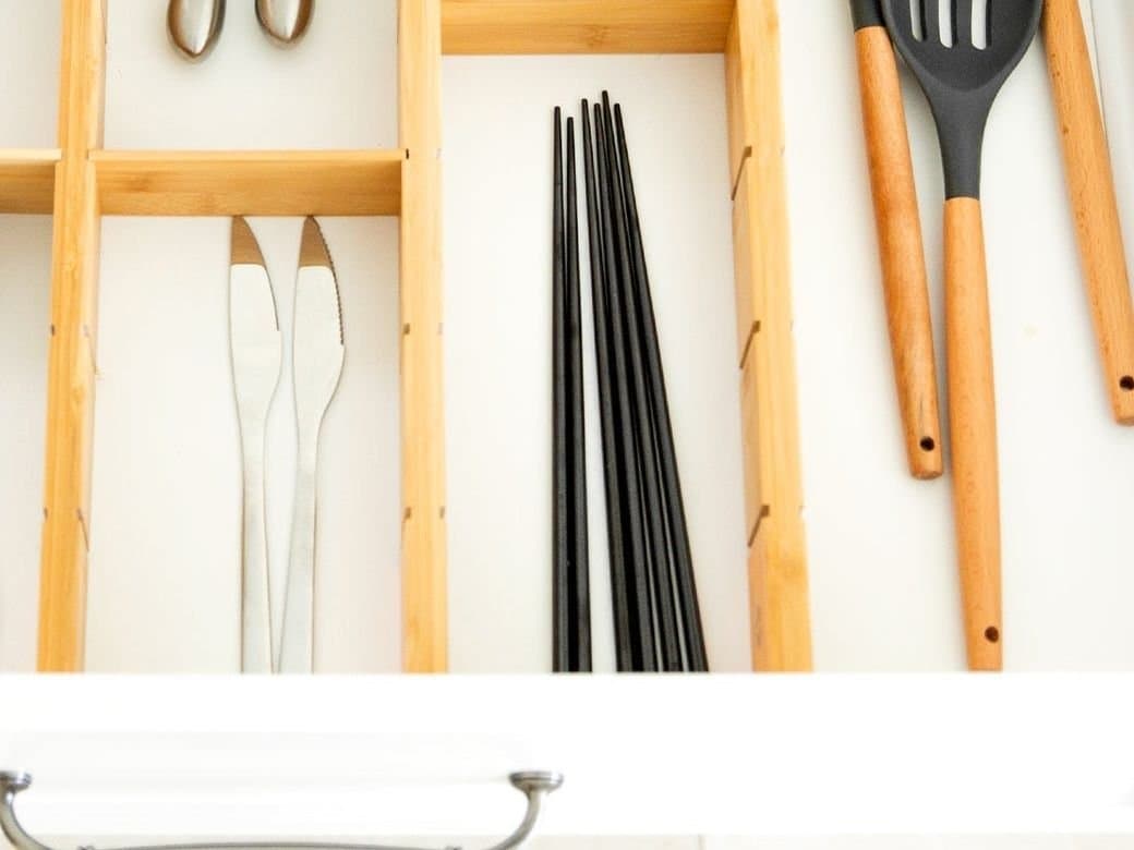 Overhead kitchen drawer with cutlery, measuring spoons and utensils each in their own bamboo compartment