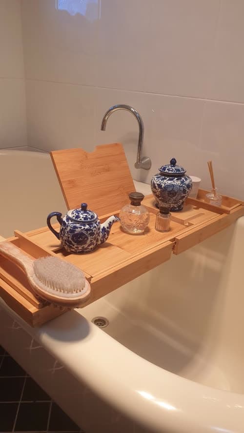 Customer photo of the caddy spanning a bath holding a teapot, cups and a body brush