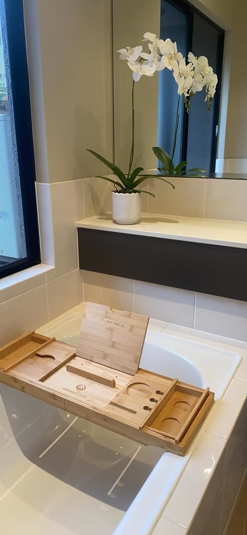 Customer photo of the caddy across a bath in a tiled bathroom with an orchid on the ledge