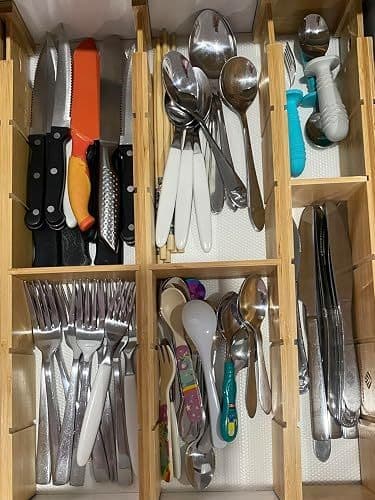 Customer photo of a kitchen drawer organised with cutlery using the bamboo drawer dividers
